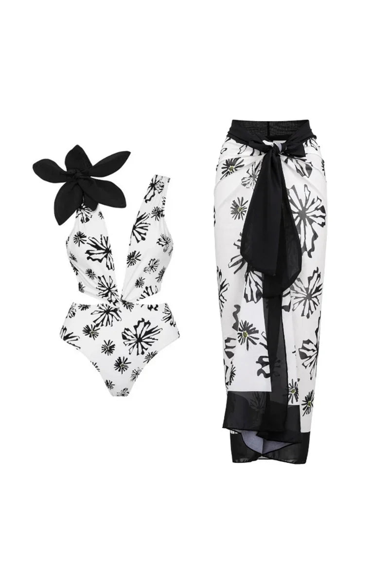 Flower Applique Patterned White One-Piece Swimwear