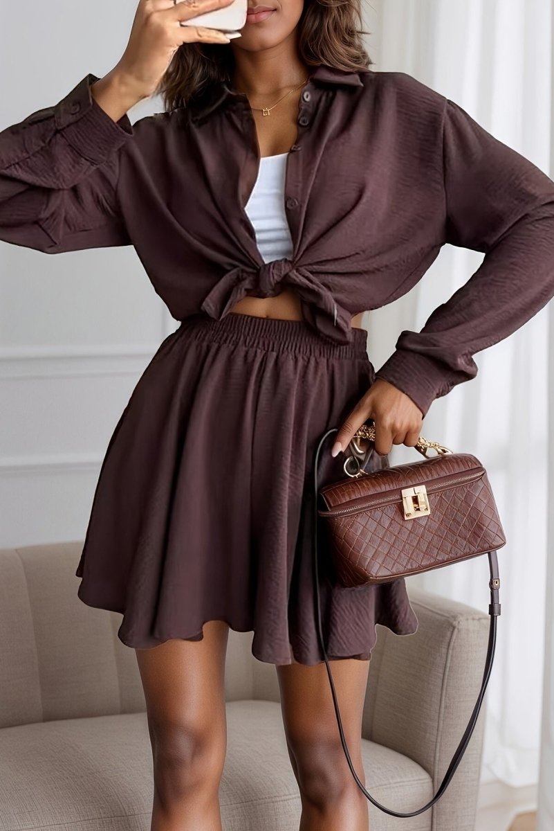 Women's Elegant Long Sleeve Blouse and Flared Mini Skirt Set – Relaxed Button Front Shirt with Elasticated Waist Skirt for Smart Casual Wear
