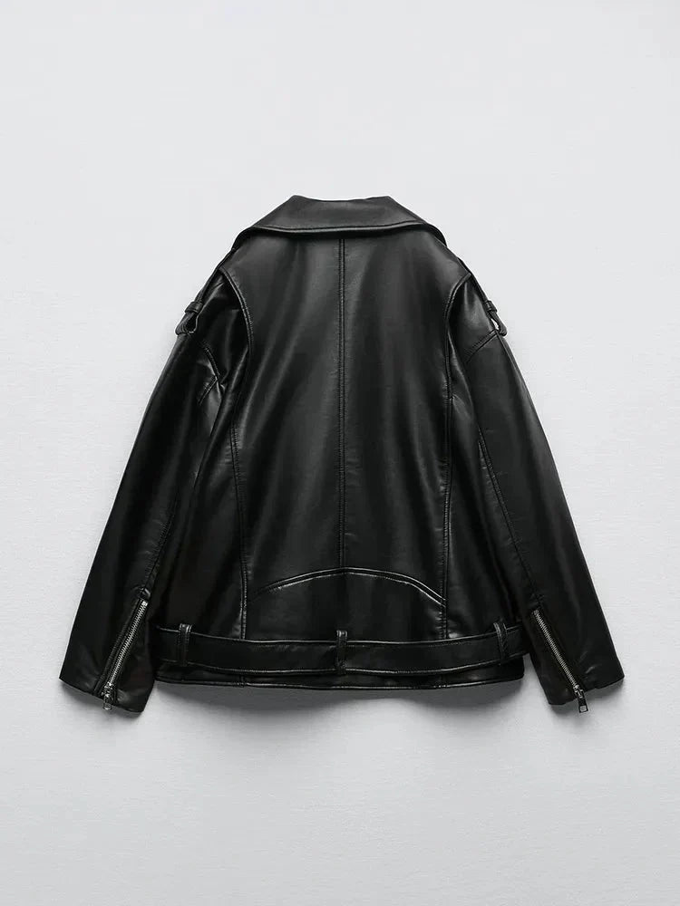 PU Faux Leather Jacket with Belt and Zipper