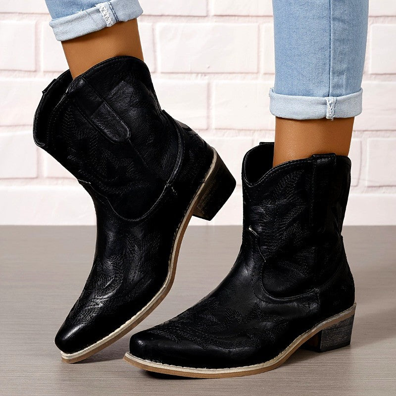 Faustine - Women’s Embroidered Western Pointed Toe Ankle Boots