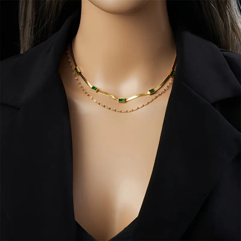Gold-Plated Double Necklace with Green Rectangles - Narelle