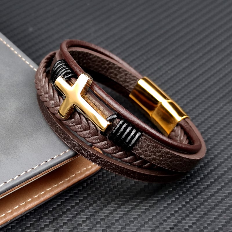 Men's Braided Leather Bracelet with Stainless Steel Cross - Sentinel
