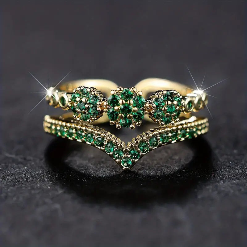Gold Double Band Ring with Green Crystals - Saphyra
