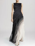 Women's Elegant Sleeveless Maxi Evening Dress – Asymmetric Draped Bodice with Layered Flowing Skirt for Formal Occasions