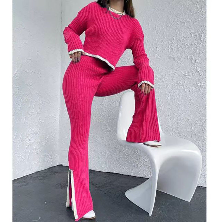Women's Cropped Ribbed Knit Jumper and Flared Trousers Set – Relaxed Two-Piece Co-Ord for Autumn and Winter