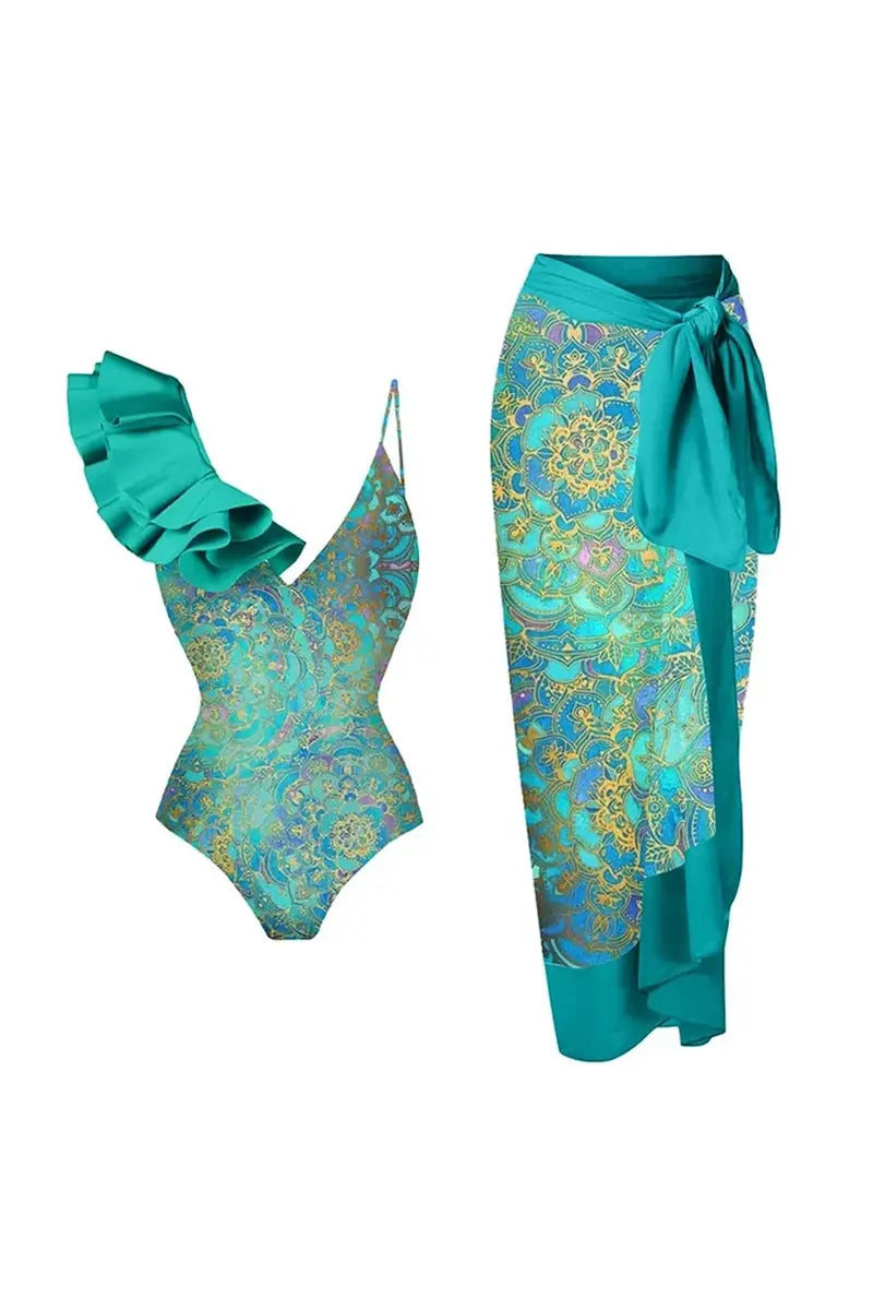 Boho Ruffled Print One Piece Swimwear Set