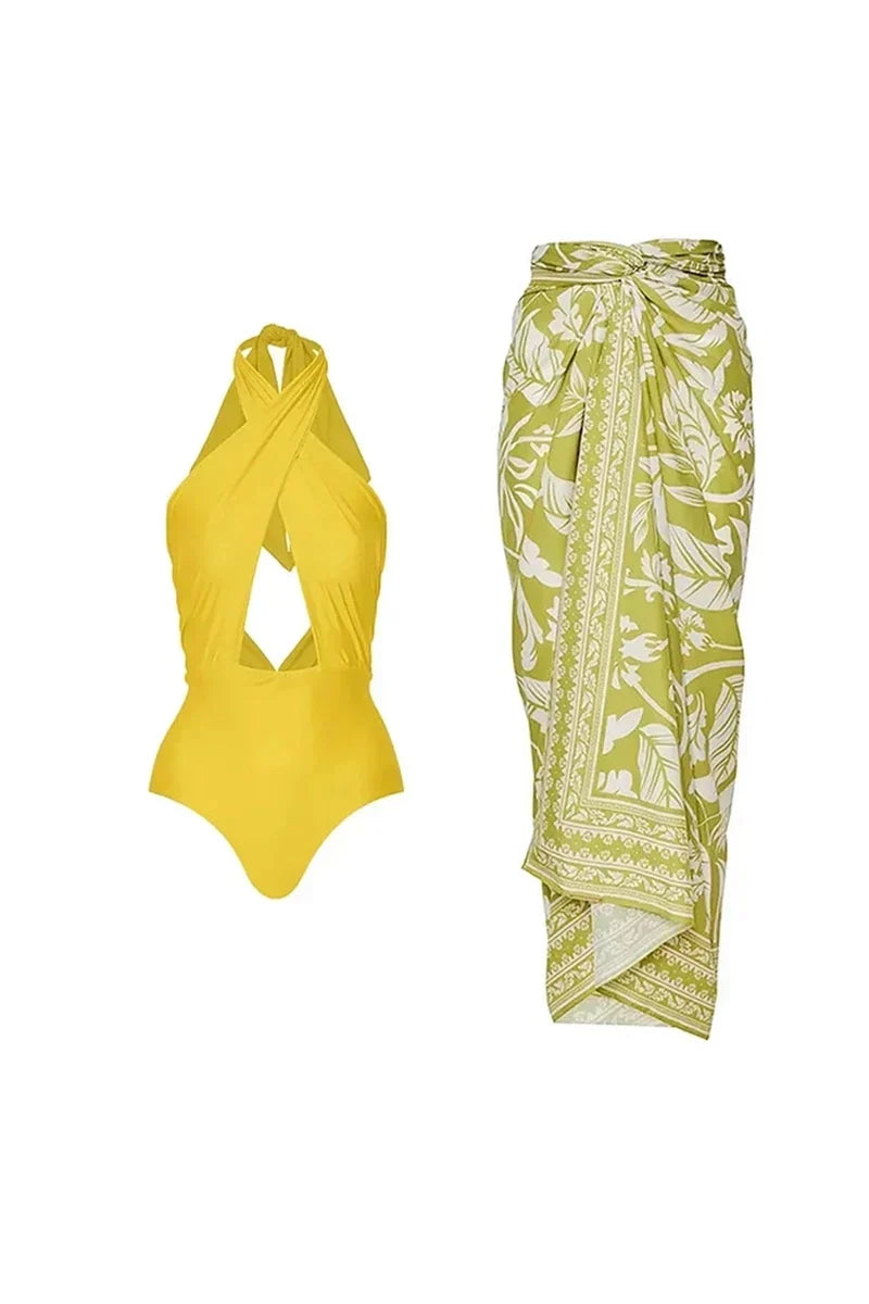 Cross Halter Solid Cut-Out One-Piece Swimwear