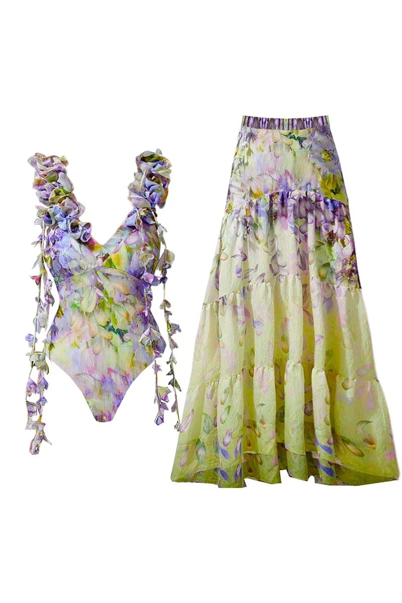 Flower Applique Tie-Up Fairy Style Swimsuit