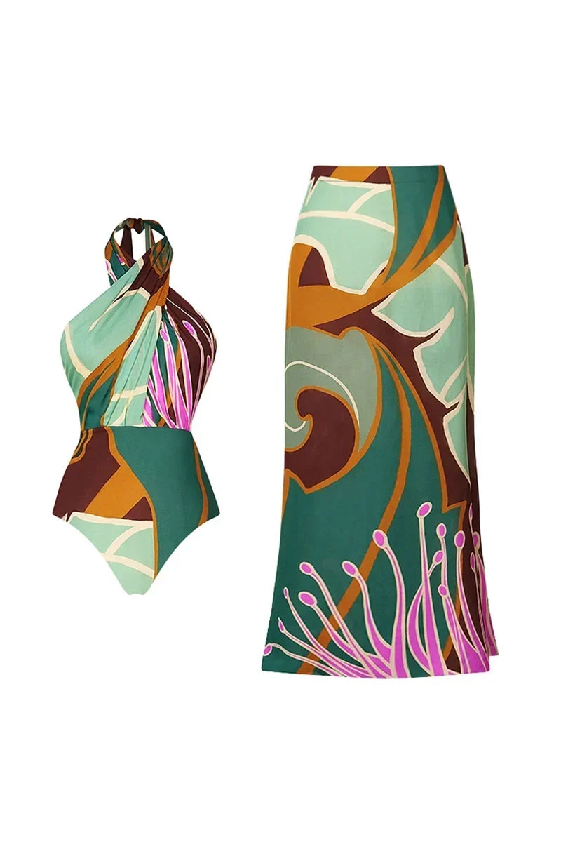 Halter Cross Open-Back Flower Swimwear Set