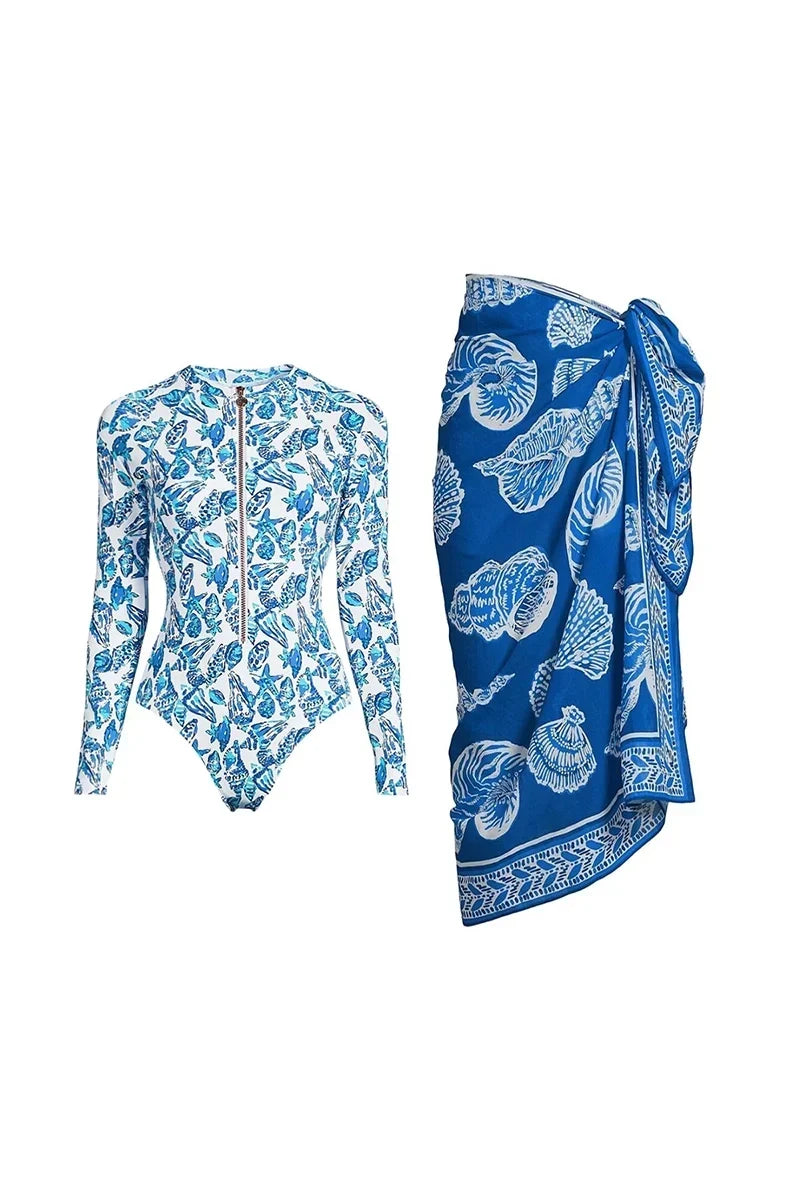 Green Zip-Front Flower Surf Swimwear Set