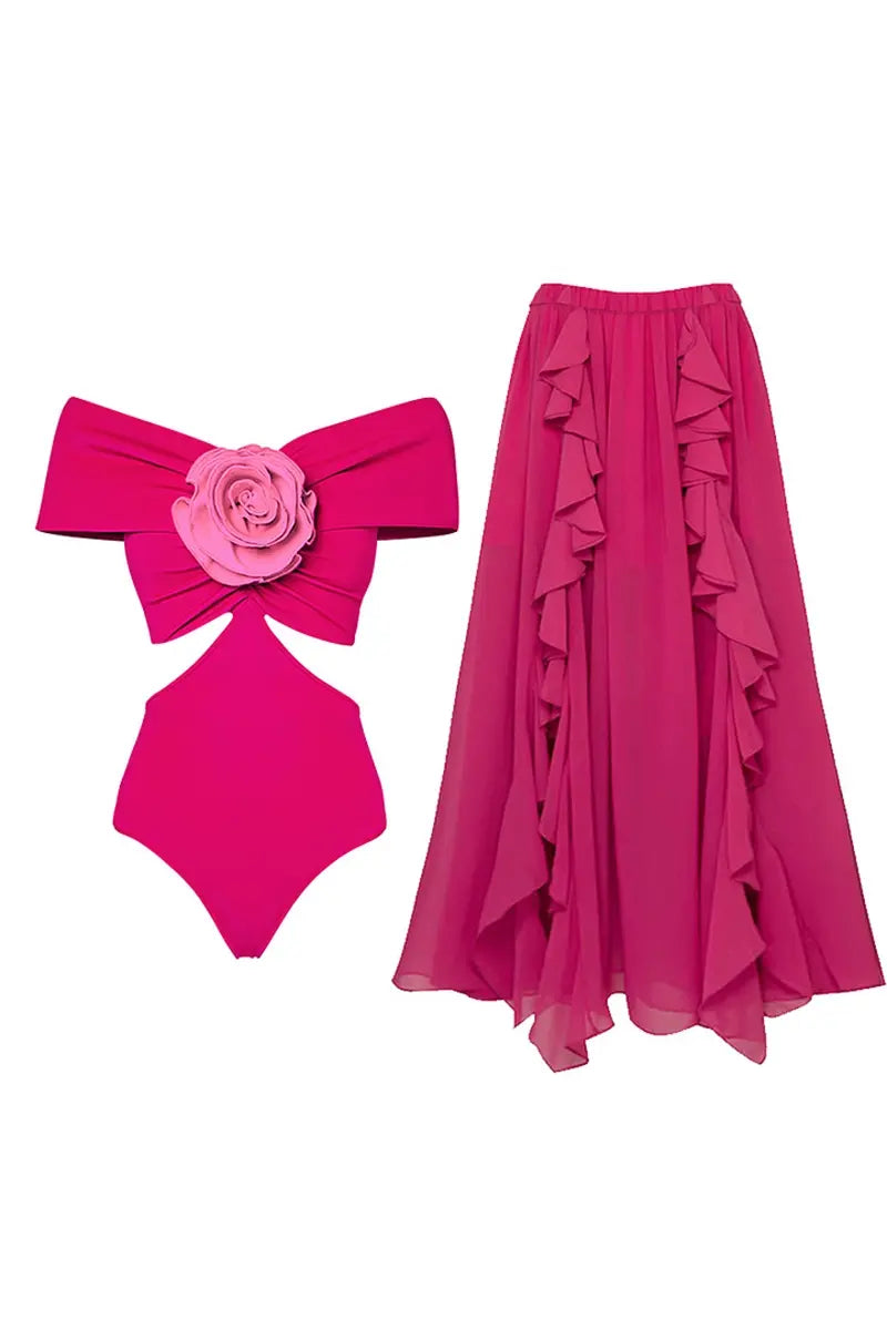 Flower Applique Cut-Out One Piece Swimwear Set