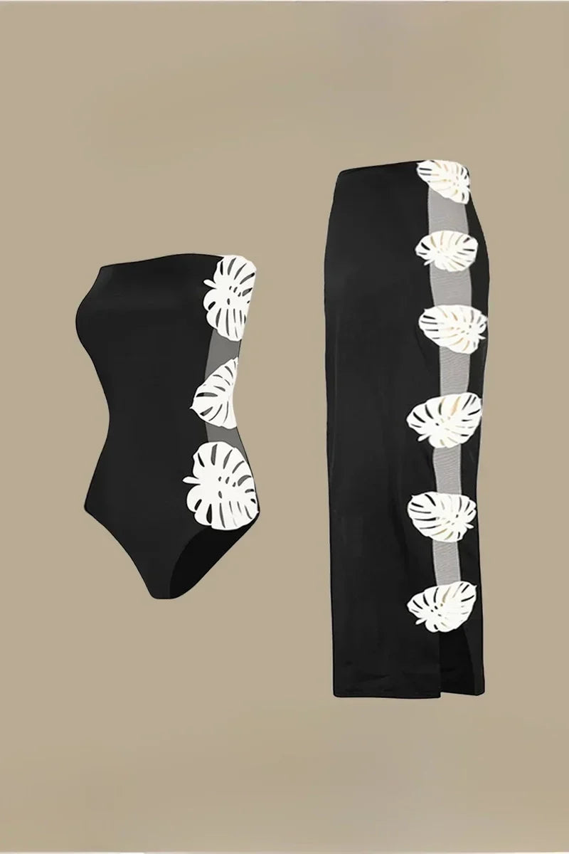 Leaf Patchwork Cut-Out Strapless Swimsuit