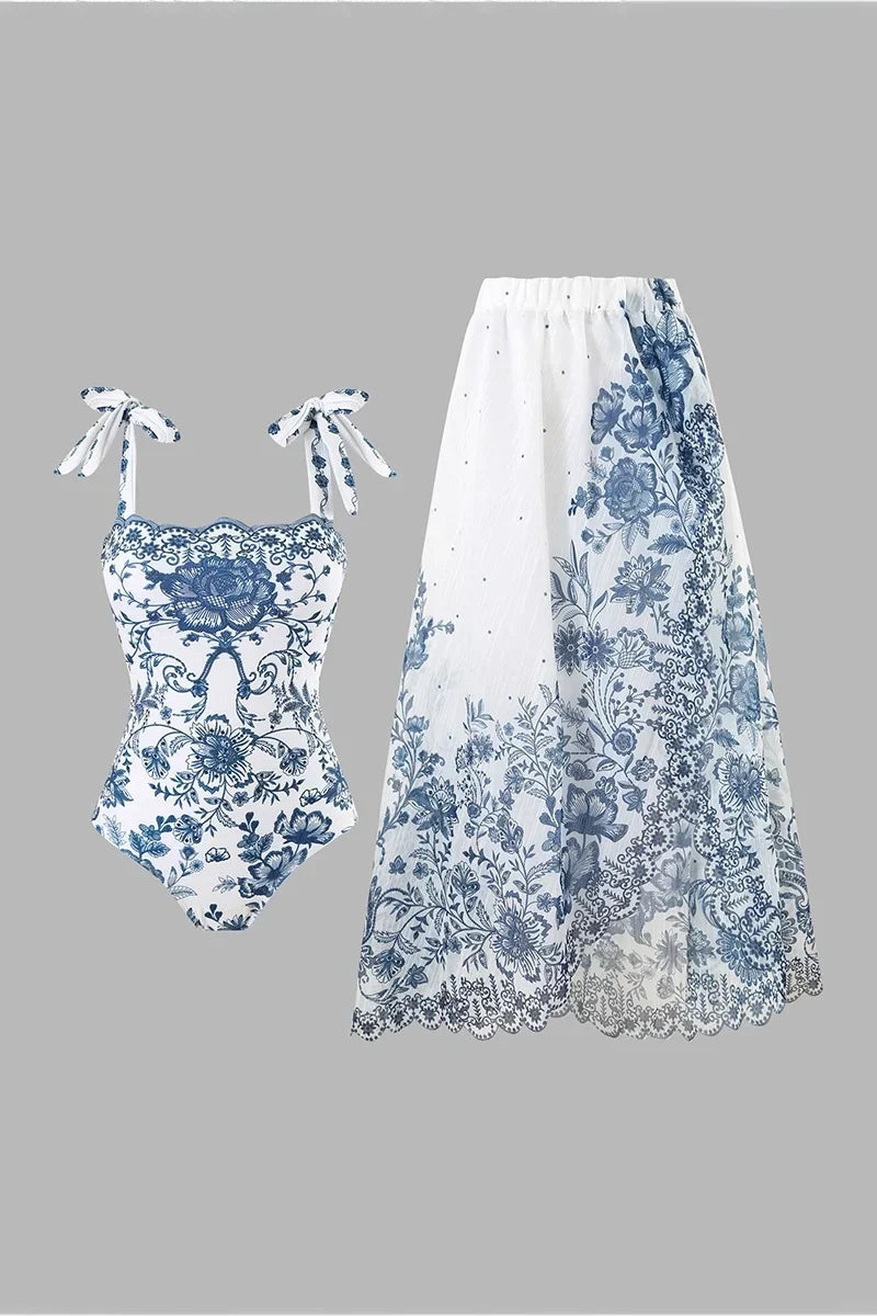 Flower Bow Tie One-Piece Swimwear Set