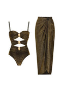 Gold Buckle Cut-Out Glossy One Piece Swimwear Set