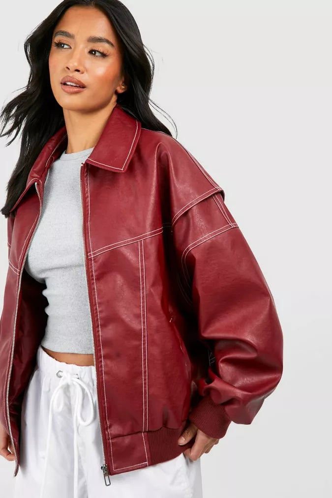 Oversized Leather Jacket with Modern Lines