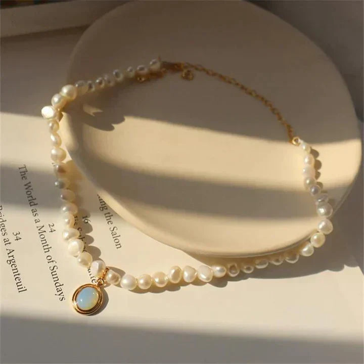 Gold Pearl Necklace with Moonstone