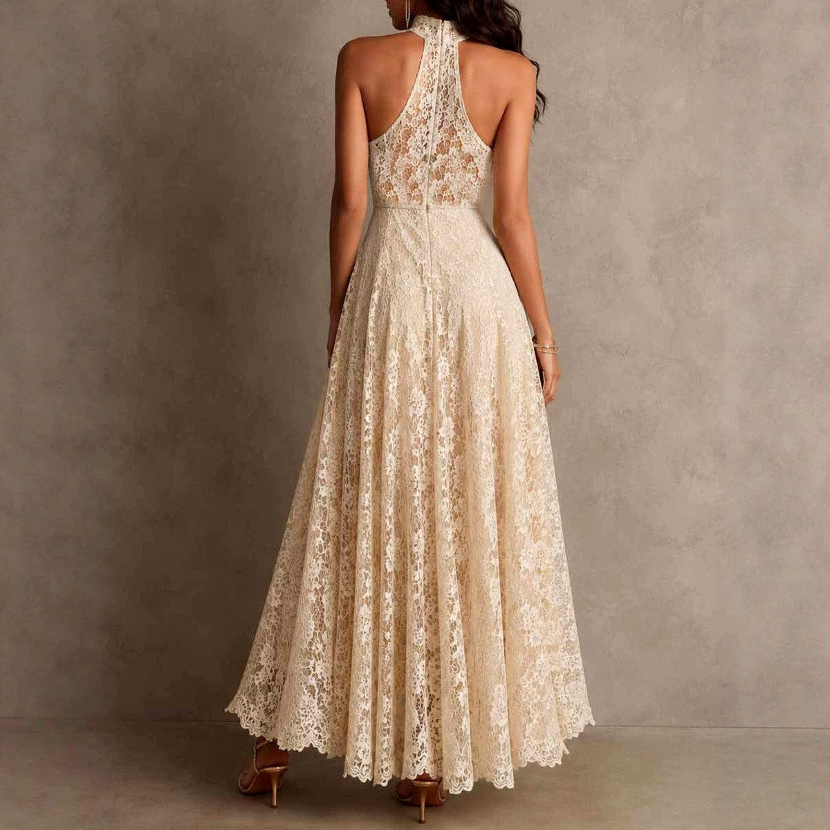 Goldie - Women's Floral Lace Halter Formal Evening Dress