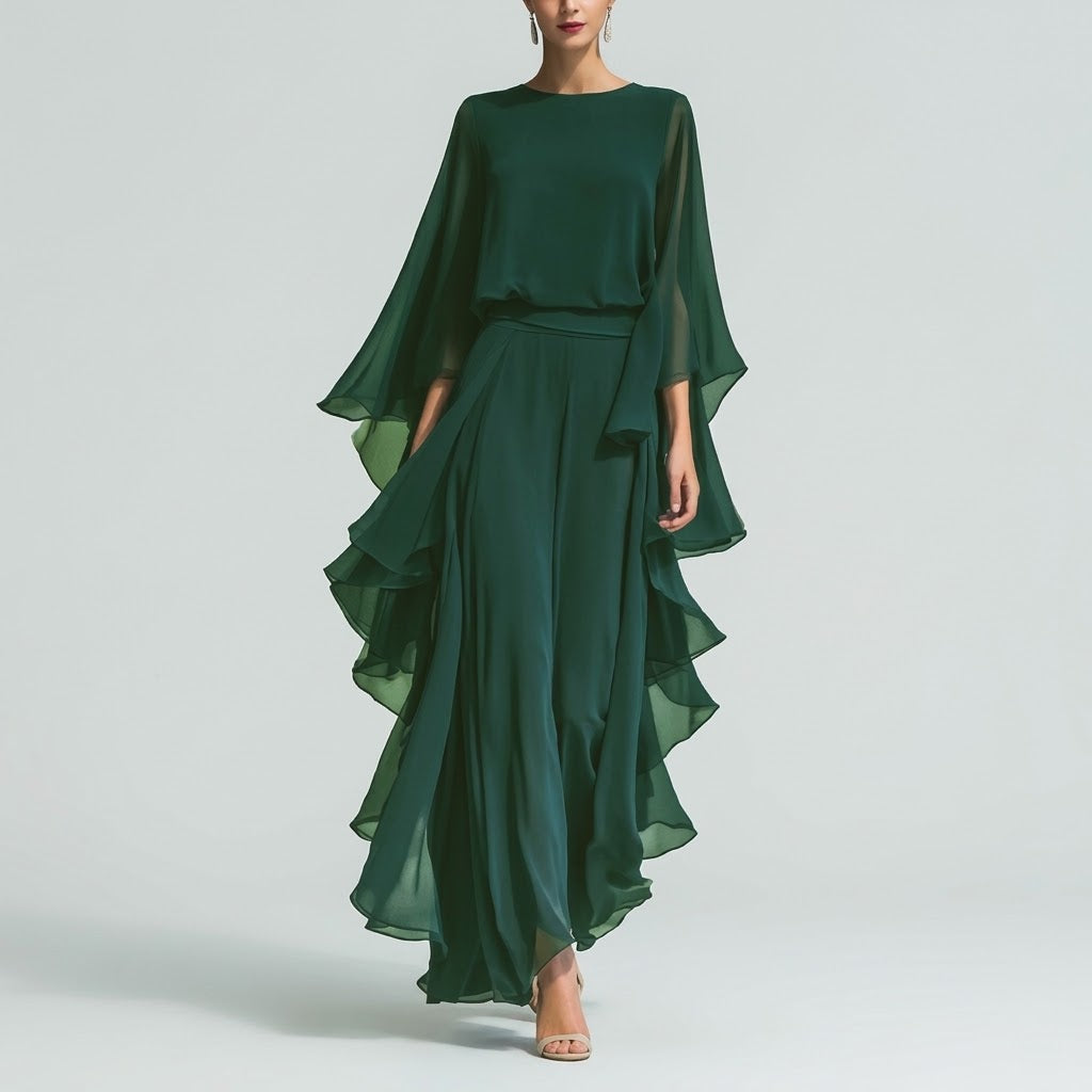 Women's Flowy Ruffle Sleeve Top and Wide-Leg Pants Two-Piece Set