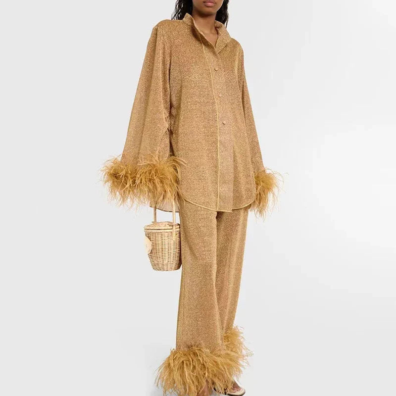 Women’s Shimmer Evening Top and Trouser Set with Feather Trim – Elegant Two-Piece Occasion Outfit for Parties and Events