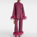 Women’s Shimmer Evening Top and Trouser Set with Feather Trim – Elegant Two-Piece Occasion Outfit for Parties and Events