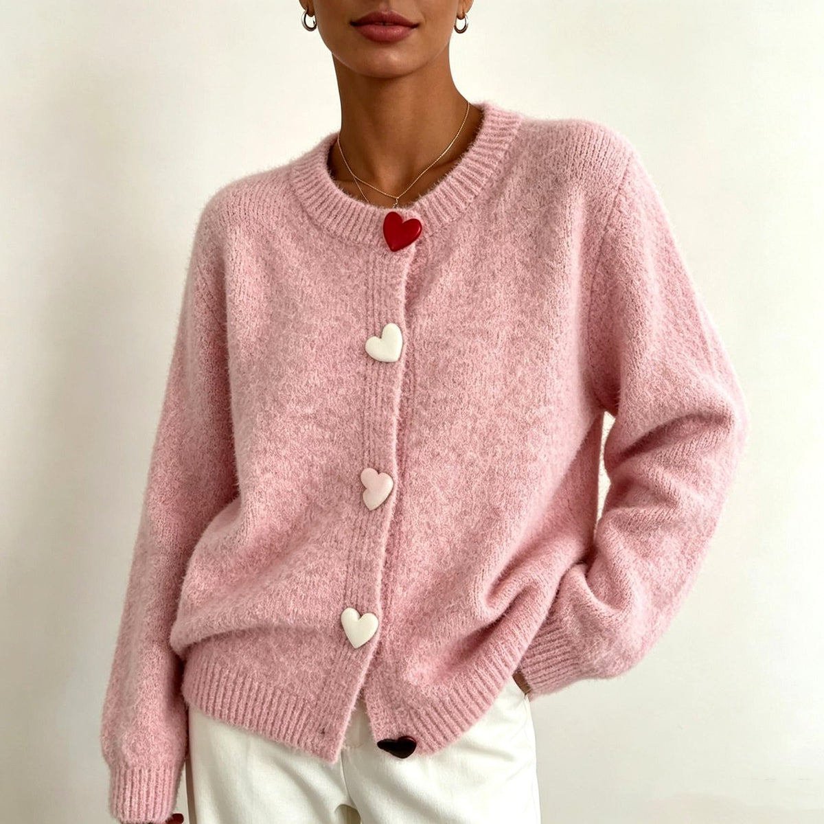 Henrietta - Women's Heart Button Crew Neck Knit Cardigan