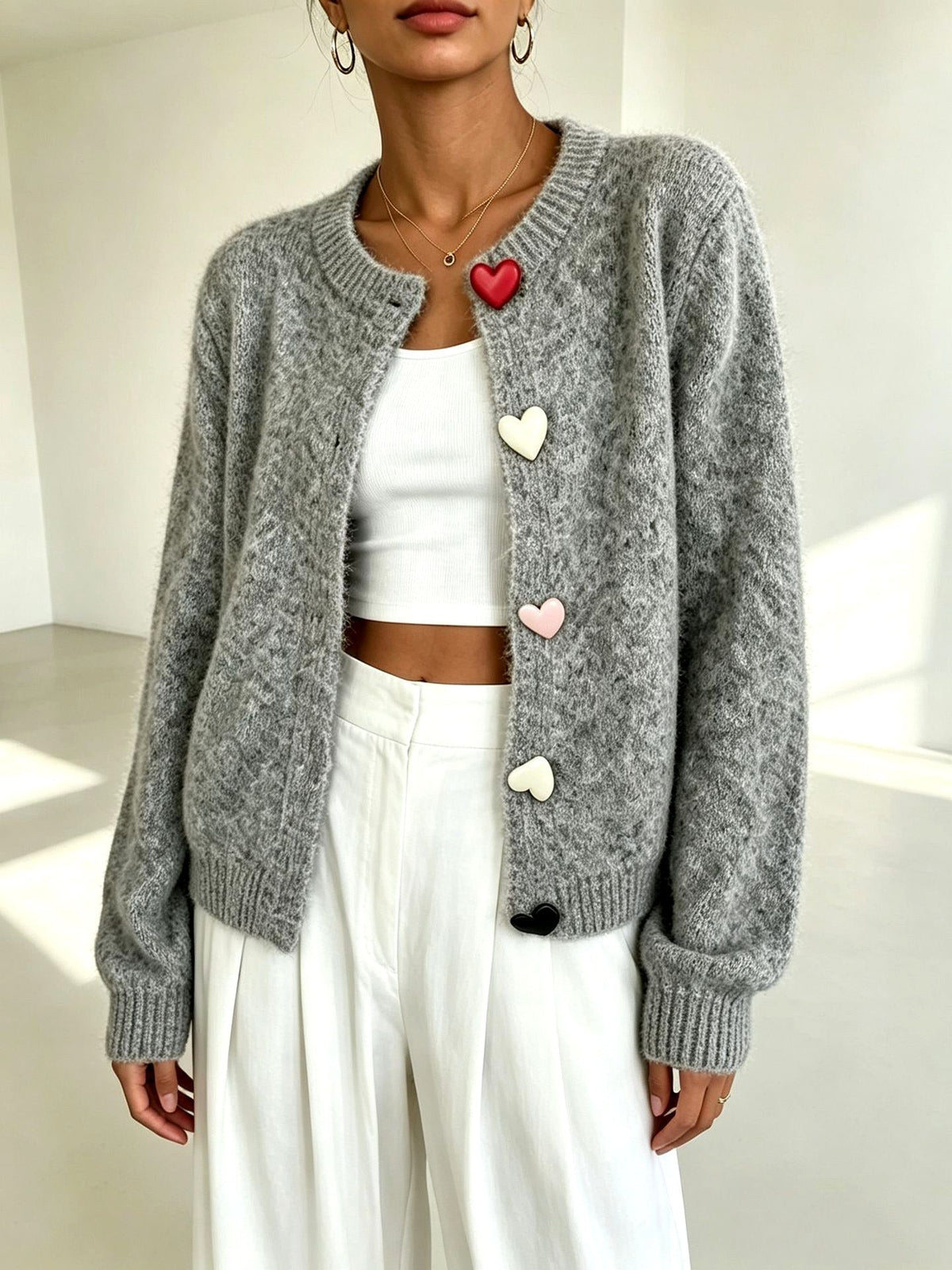 Henrietta - Women's Heart Button Crew Neck Knit Cardigan