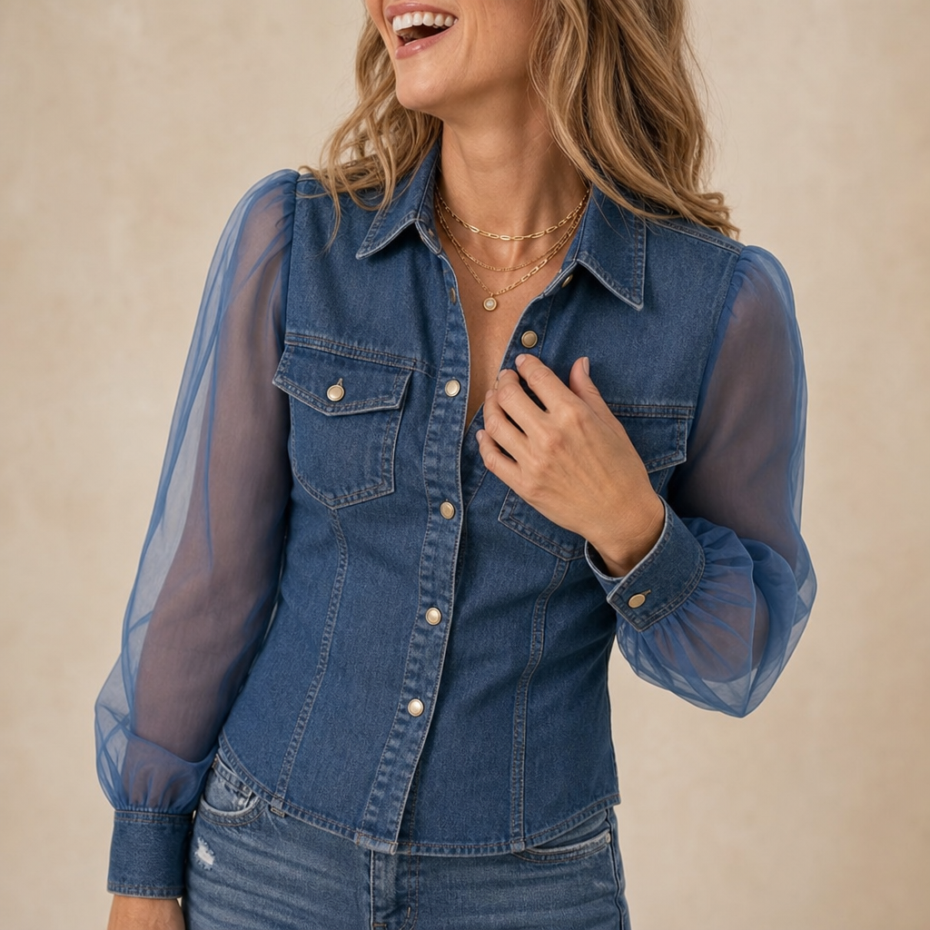 Vivienne – Sheer Puff Sleeve Denim Button-Up Shirt