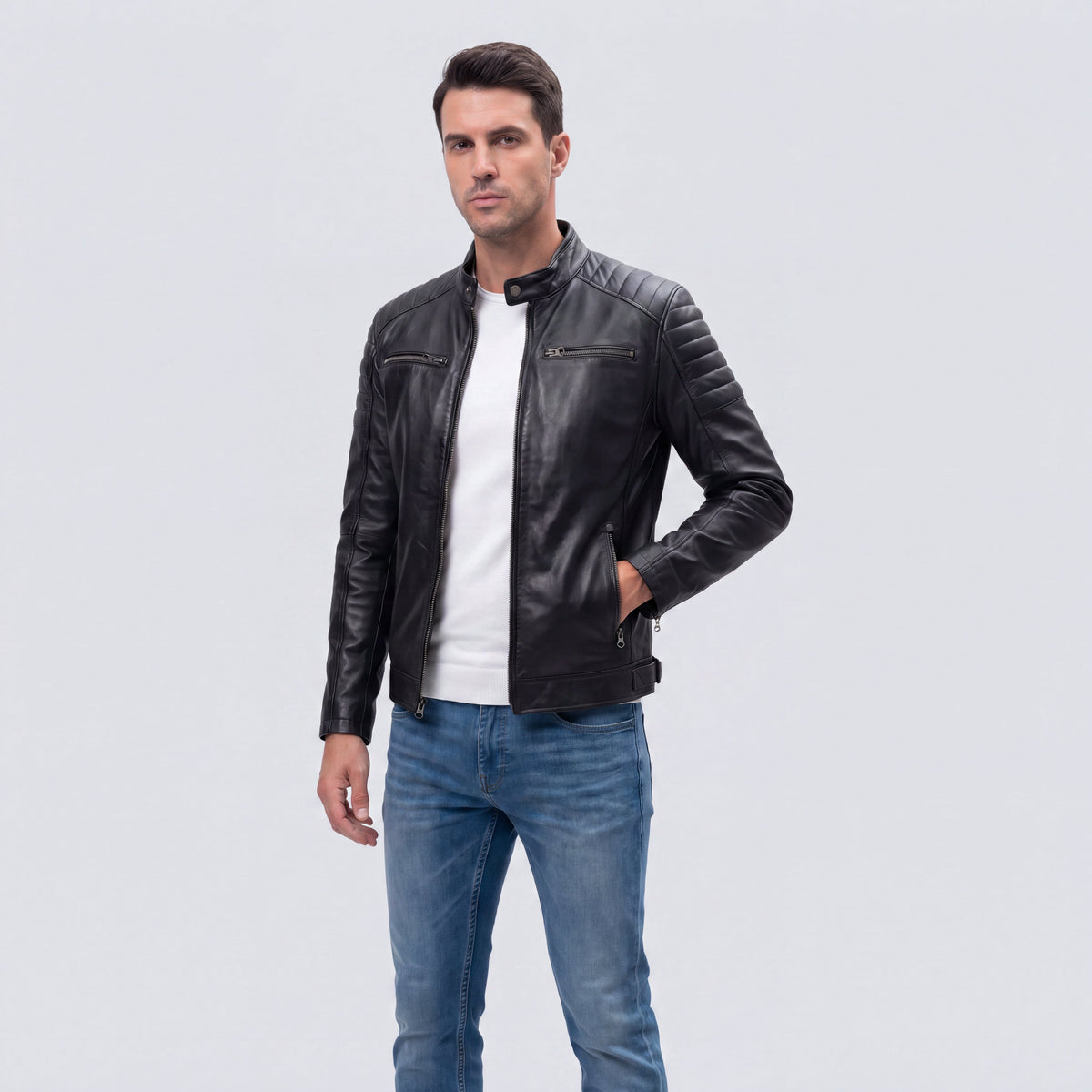 Men's Moto Jacket with Quilted Shoulders