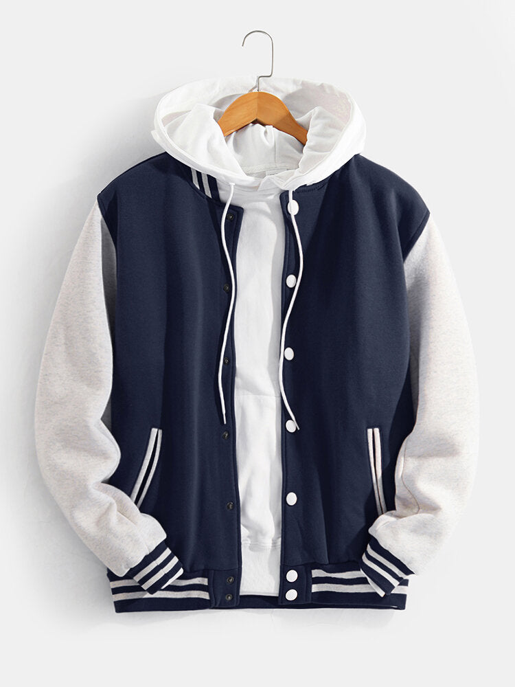 Men's Contrast Sleeve Varsity Bomber Jacket – Classic Snap-Button College Style Outerwear for Spring and Autumn
