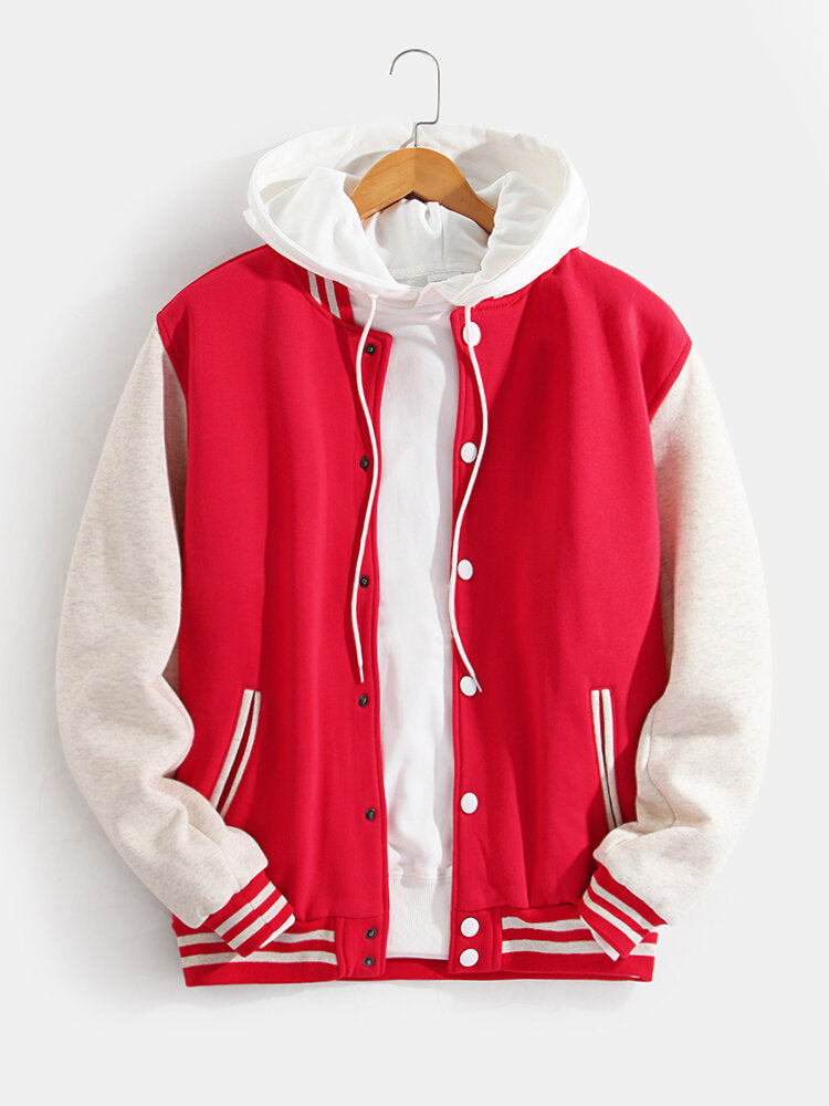 Men's Contrast Sleeve Varsity Bomber Jacket – Classic Snap-Button College Style Outerwear for Spring and Autumn