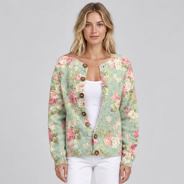 Women's 3D Pattern Knit Cardigan – Relaxed Midi Crew Neck
