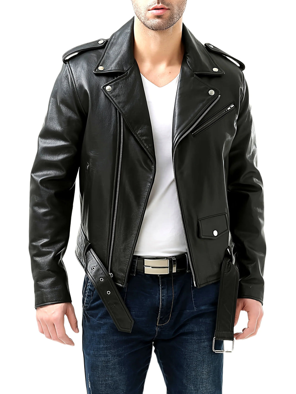 Men's Vegan Leather Jacket Loose Fit – 3D Patch Pocket Street Style