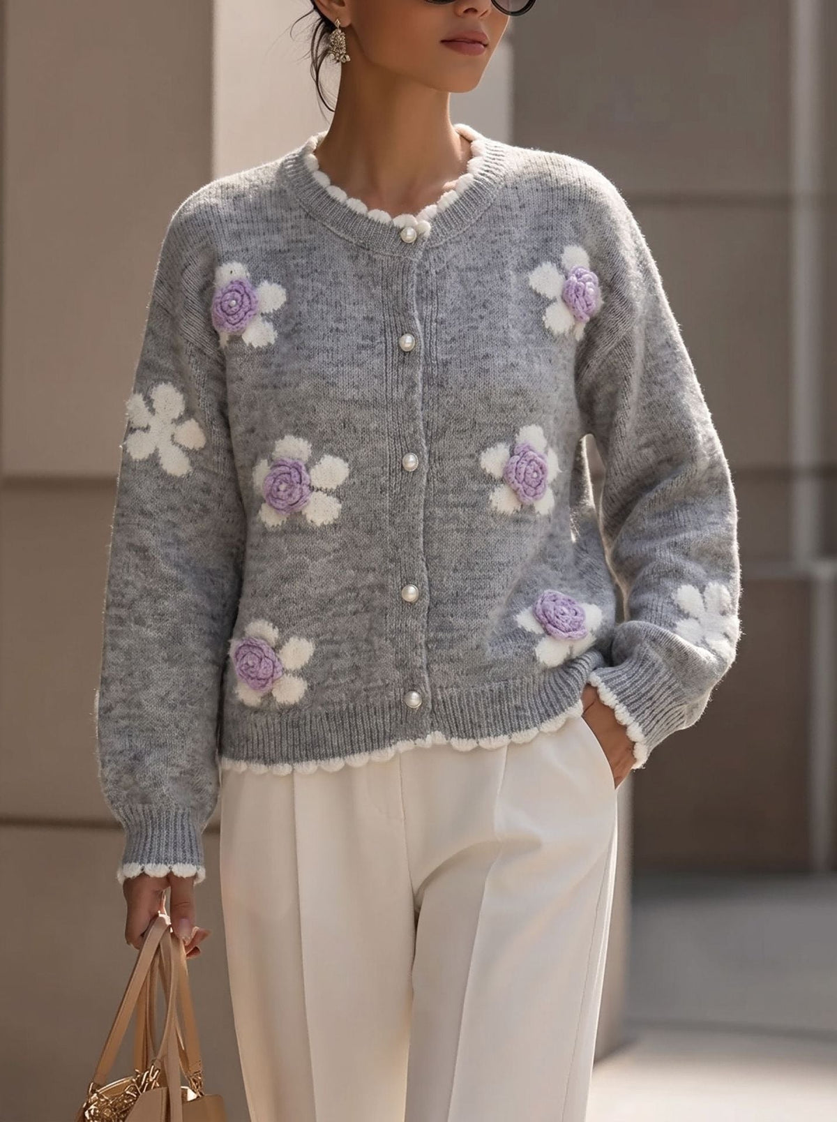 Women's Knit Cardigan with Dimensional Floral Appliqué – Relaxed Fit