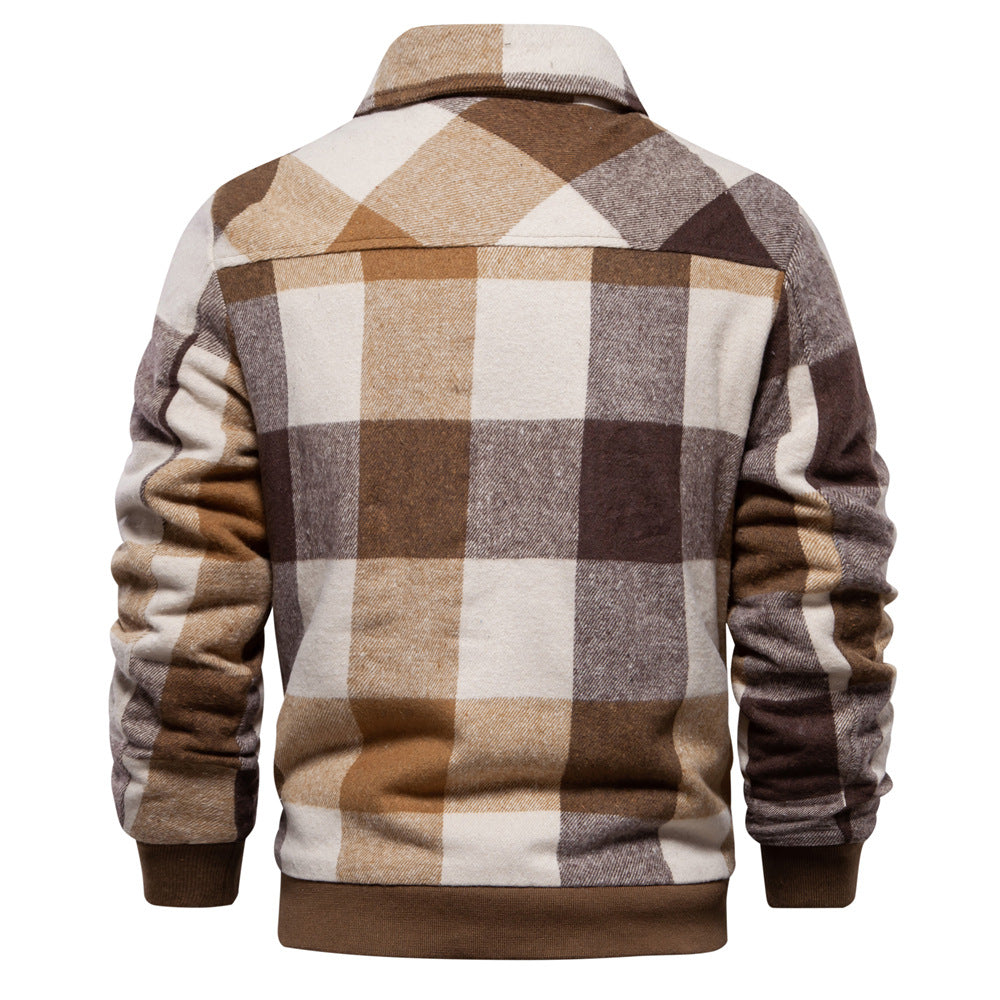Men's Plaid Cotton Jacket with Zipper Pockets and Smooth Liner