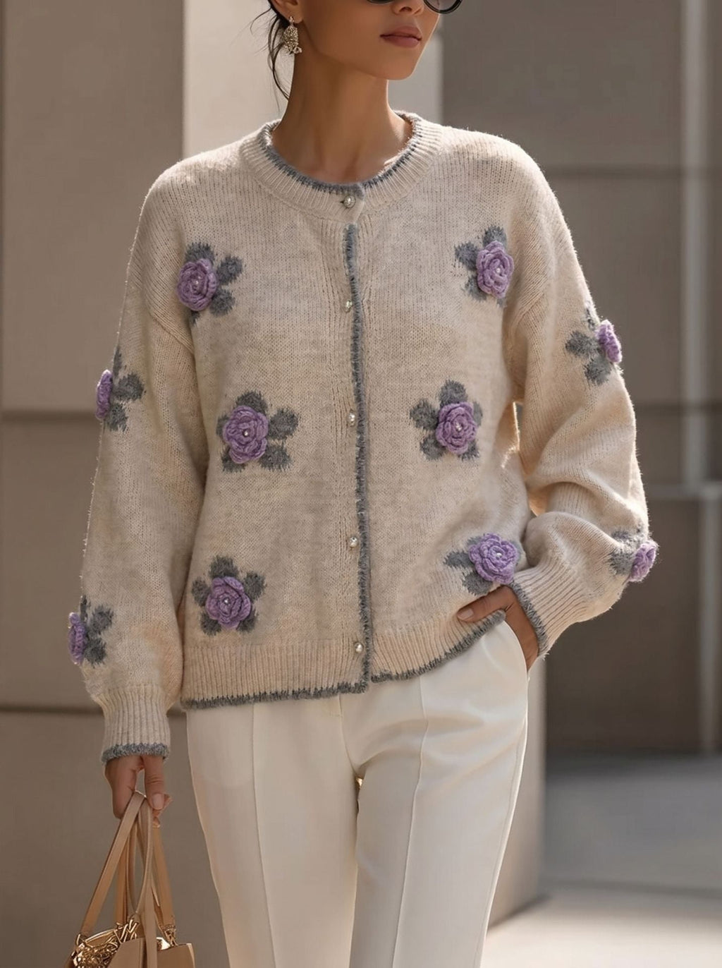 Women's Knit Cardigan with Dimensional Floral Appliqué – Relaxed Fit