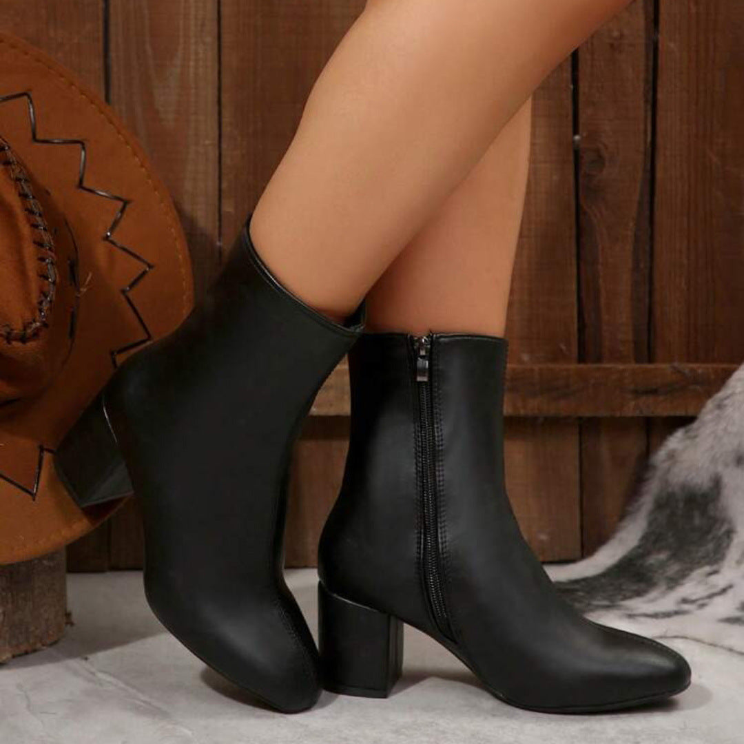 Women's Block Heel Ankle Boot – Square Toe, Side Zip Comfort