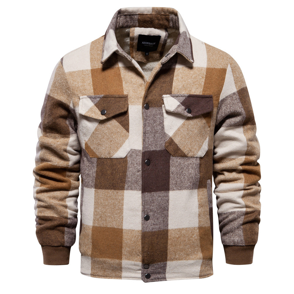 Men's Plaid Cotton Jacket with Zipper Pockets and Smooth Liner