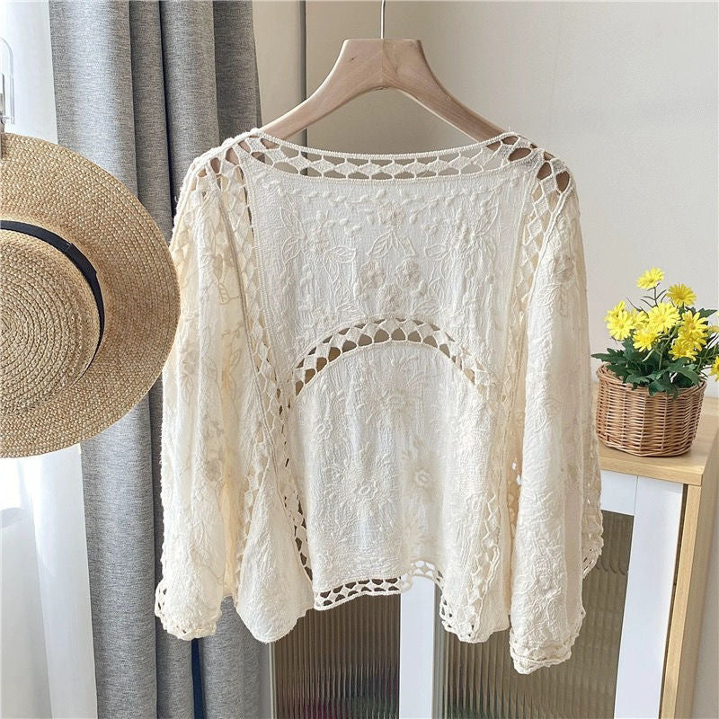 Women's Cotton Crochet Cardigan – Embroidered Slim Fit Long Sleeve