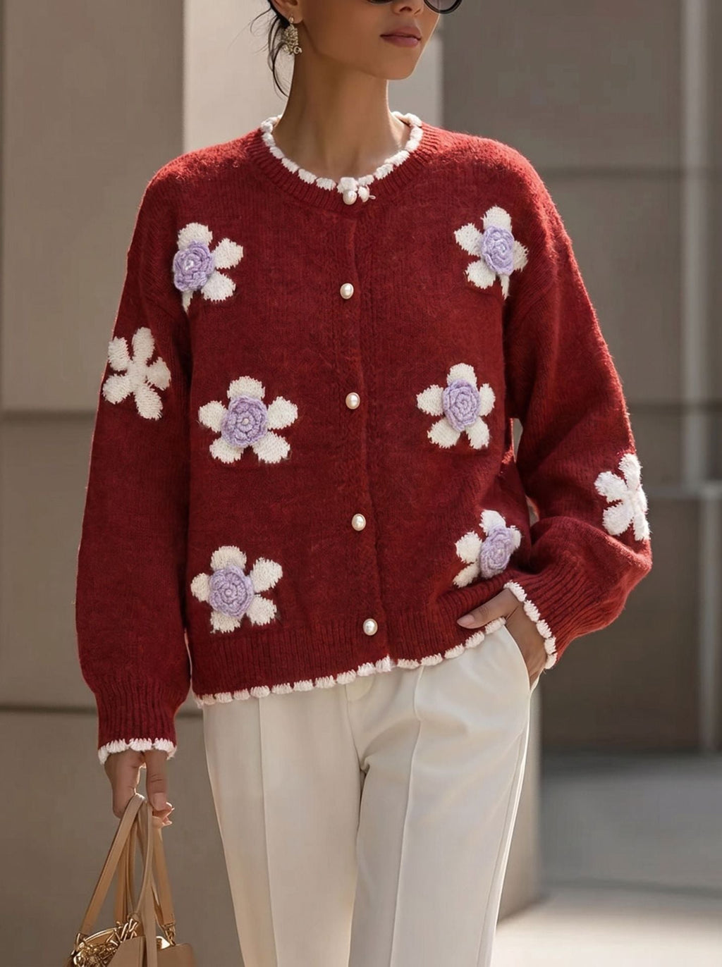 Women's Knit Cardigan with Dimensional Floral Appliqué – Relaxed Fit