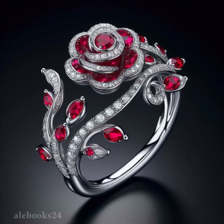 Shimmering Silver Red Rose Ring
