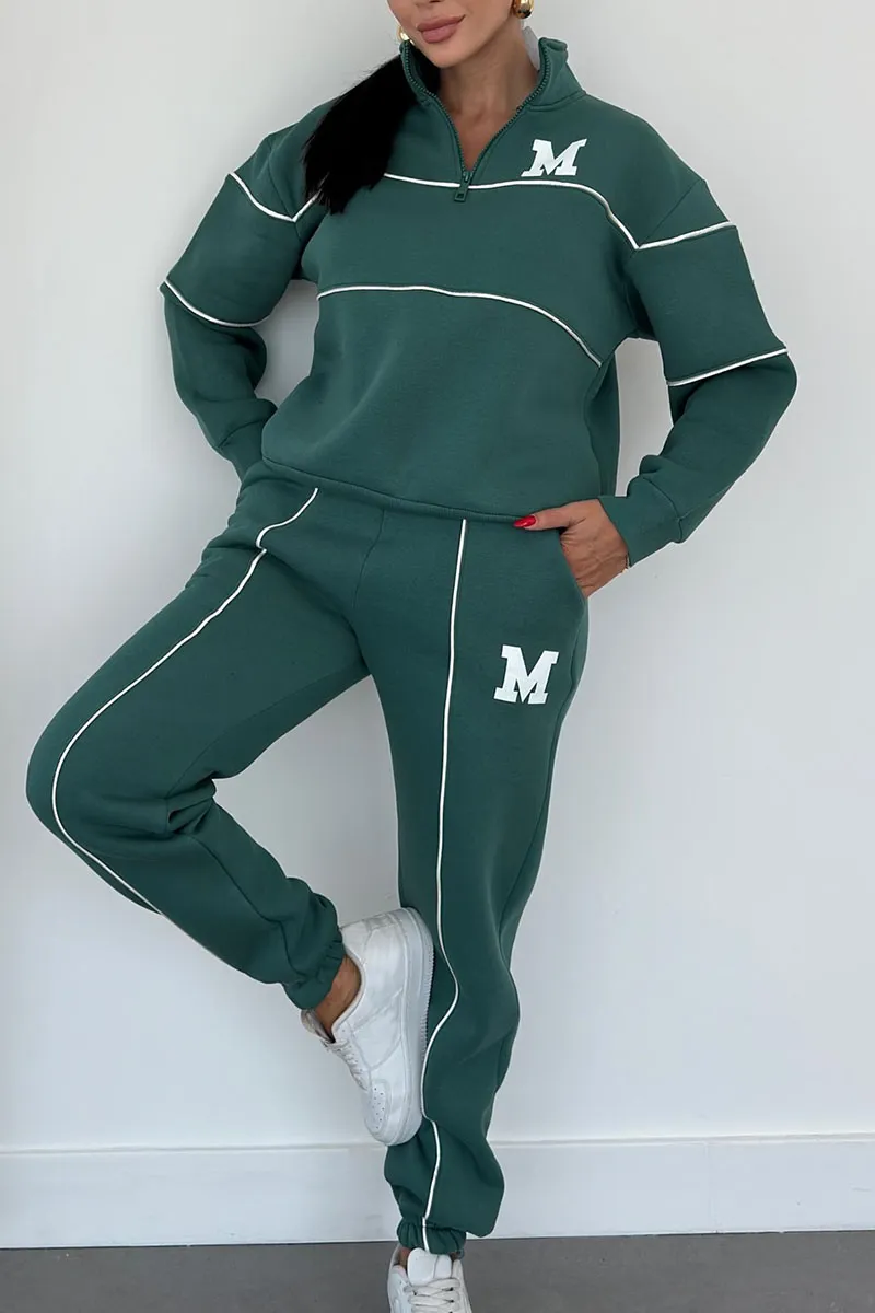 Women’s Half-Zip Sweatshirt and Jogger Set – Relaxed Fit with Contrast Piping and Embroidered Letter Details
