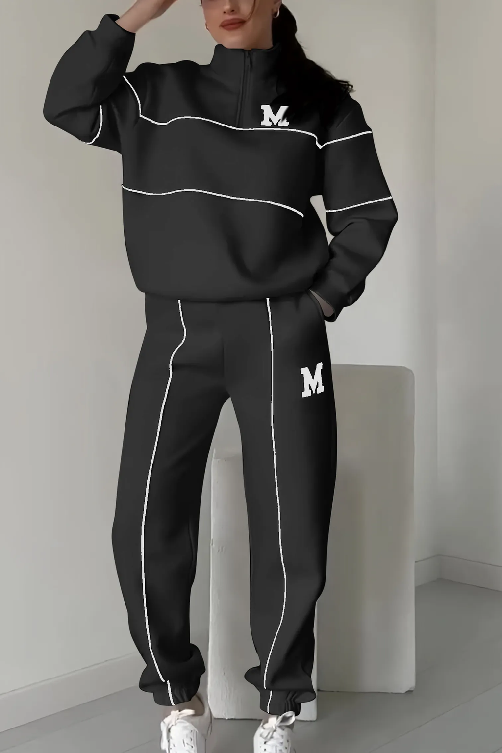 Women’s Half-Zip Sweatshirt and Jogger Set – Relaxed Fit with Contrast Piping and Embroidered Letter Details
