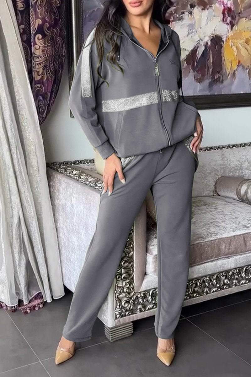 Women's Hooded Zip-Up Jacket and Relaxed Trousers Set – Stylish Contrast Panel Two-Piece Outfit for Everyday Casual Wear