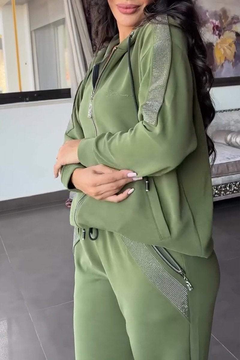 Women's Hooded Zip-Up Jacket and Relaxed Trousers Set – Stylish Contrast Panel Two-Piece Outfit for Everyday Casual Wear