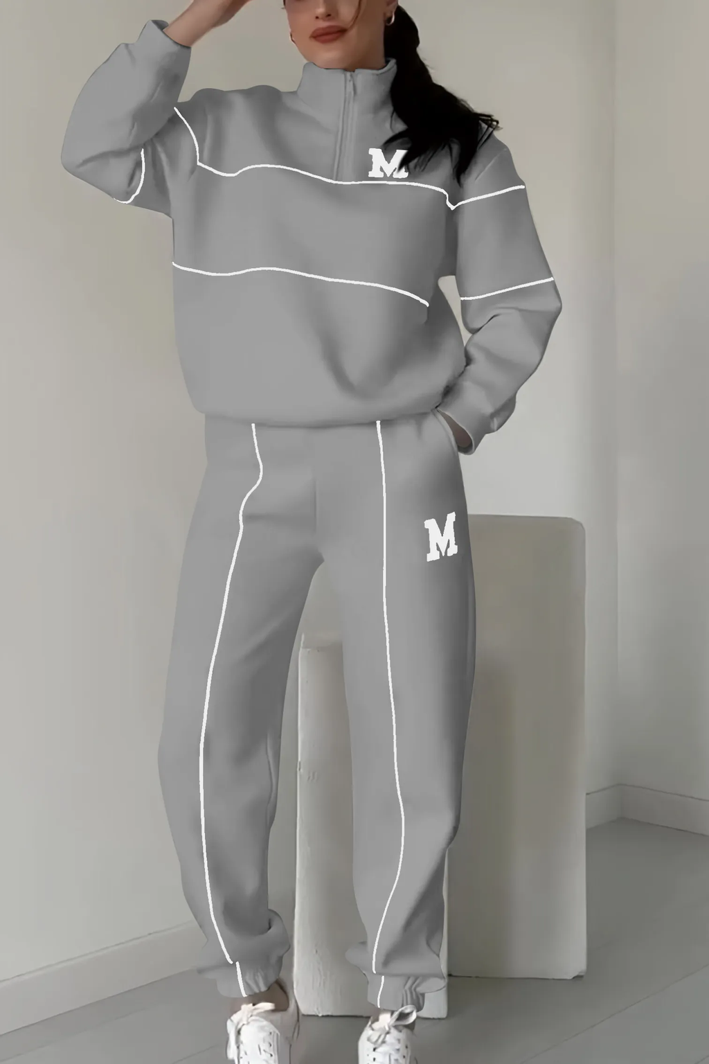 Women’s Half-Zip Sweatshirt and Jogger Set – Relaxed Fit with Contrast Piping and Embroidered Letter Details