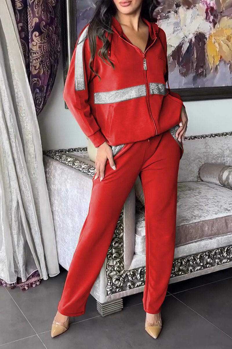 Women's Hooded Zip-Up Jacket and Relaxed Trousers Set – Stylish Contrast Panel Two-Piece Outfit for Everyday Casual Wear