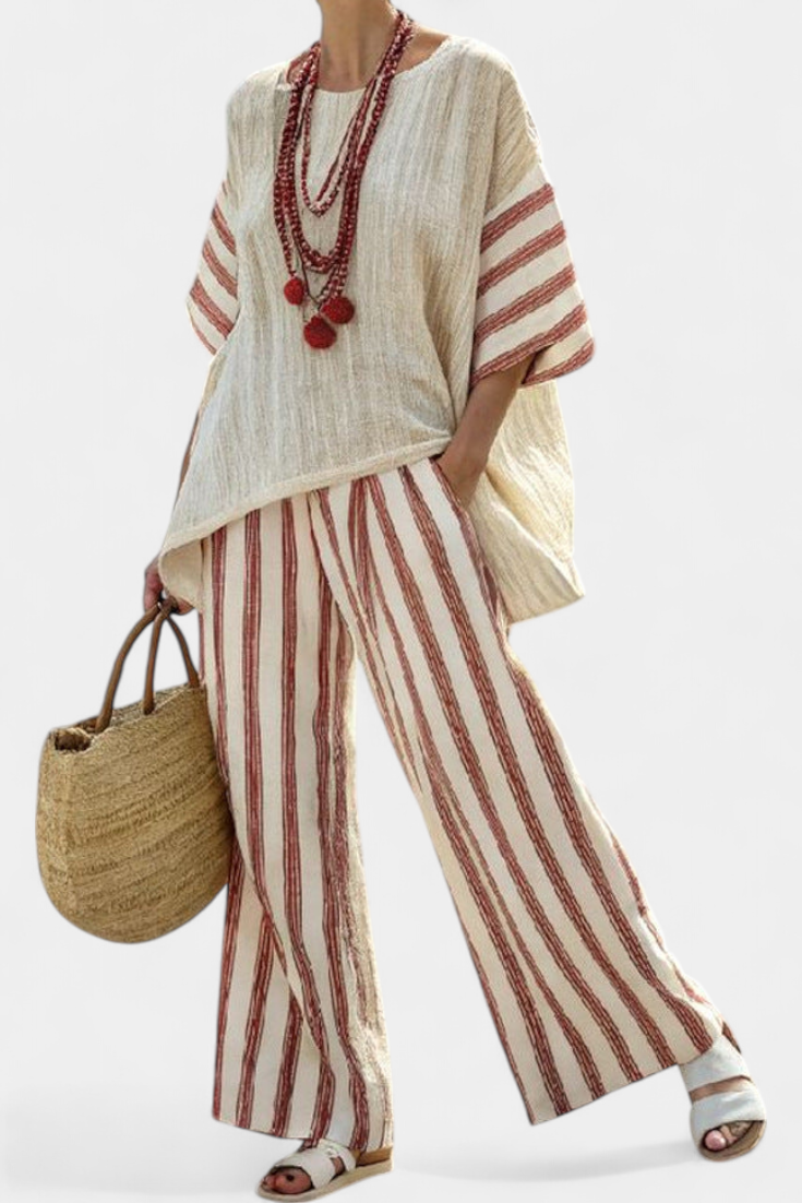 Women's Printed Boho Two-Piece Summer Trouser Set – Oversized Short Sleeve Top and Relaxed Wide Leg Trousers for Casual Holiday Wear