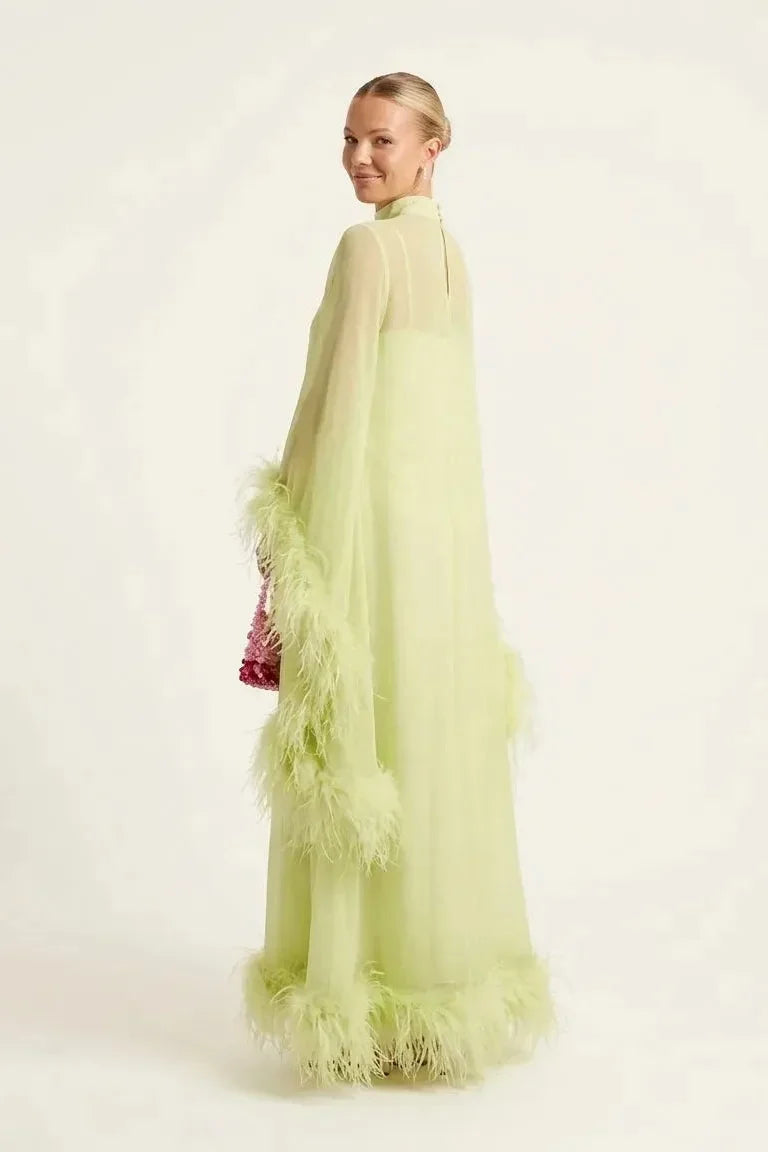 Lime Green Sheer Feather Cape Maxi-Length Dress