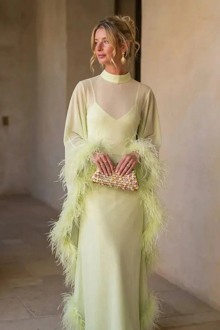 Lime Green Sheer Feather Cape Maxi-Length Dress