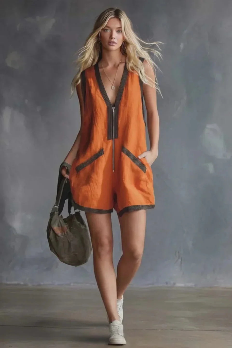 Modern Vibrant Orange Short Jumpsuit V-Neck Striped Trim Romper